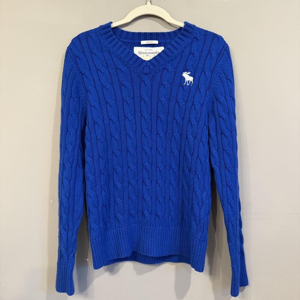 Vintage Abercrombie And Fitch Royal Blue Men's Cable Knit Sweater Fisherman MED